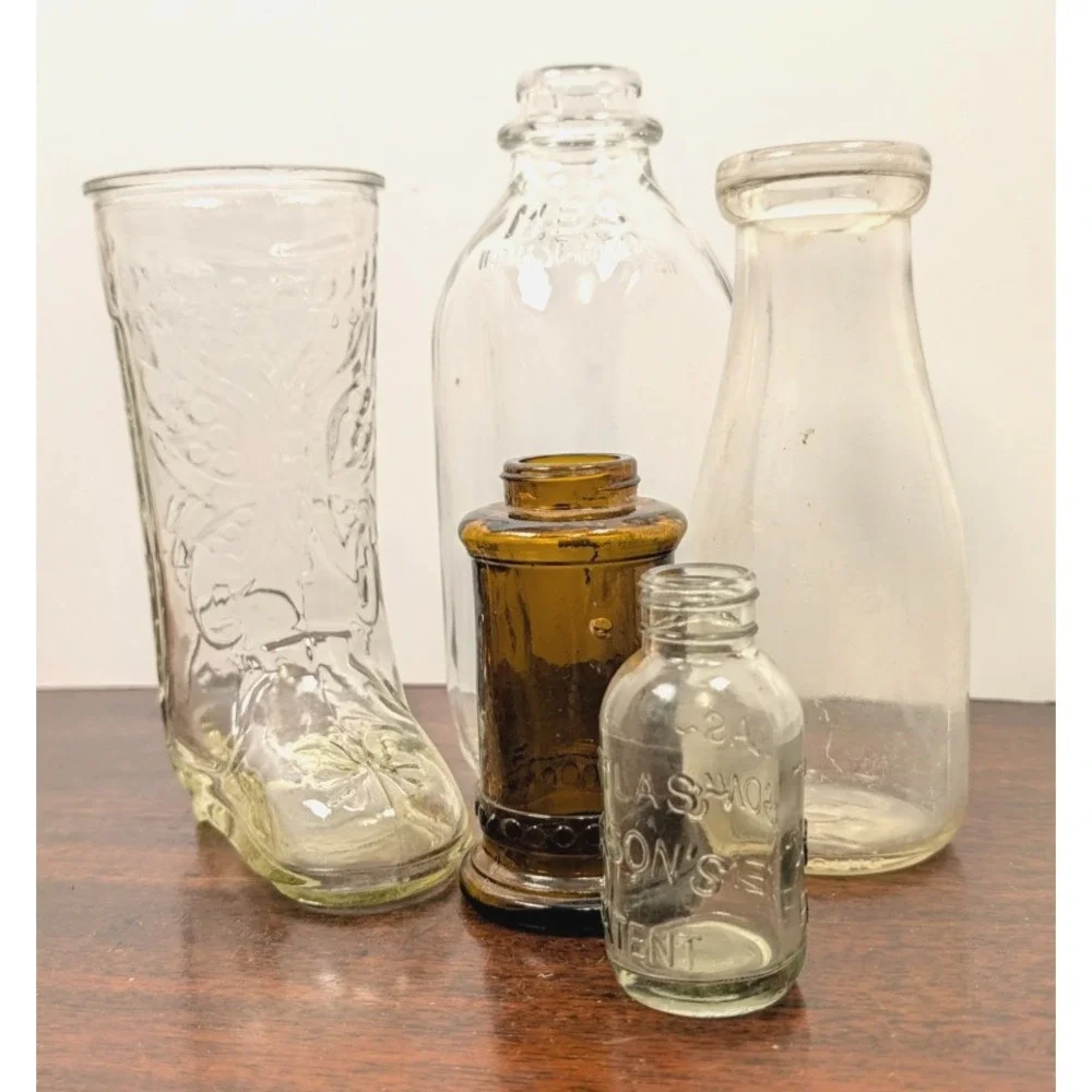 Vintage Glass Bottles 5 Antique Style Embossed Milk Medicine Amber Pioneer Woman